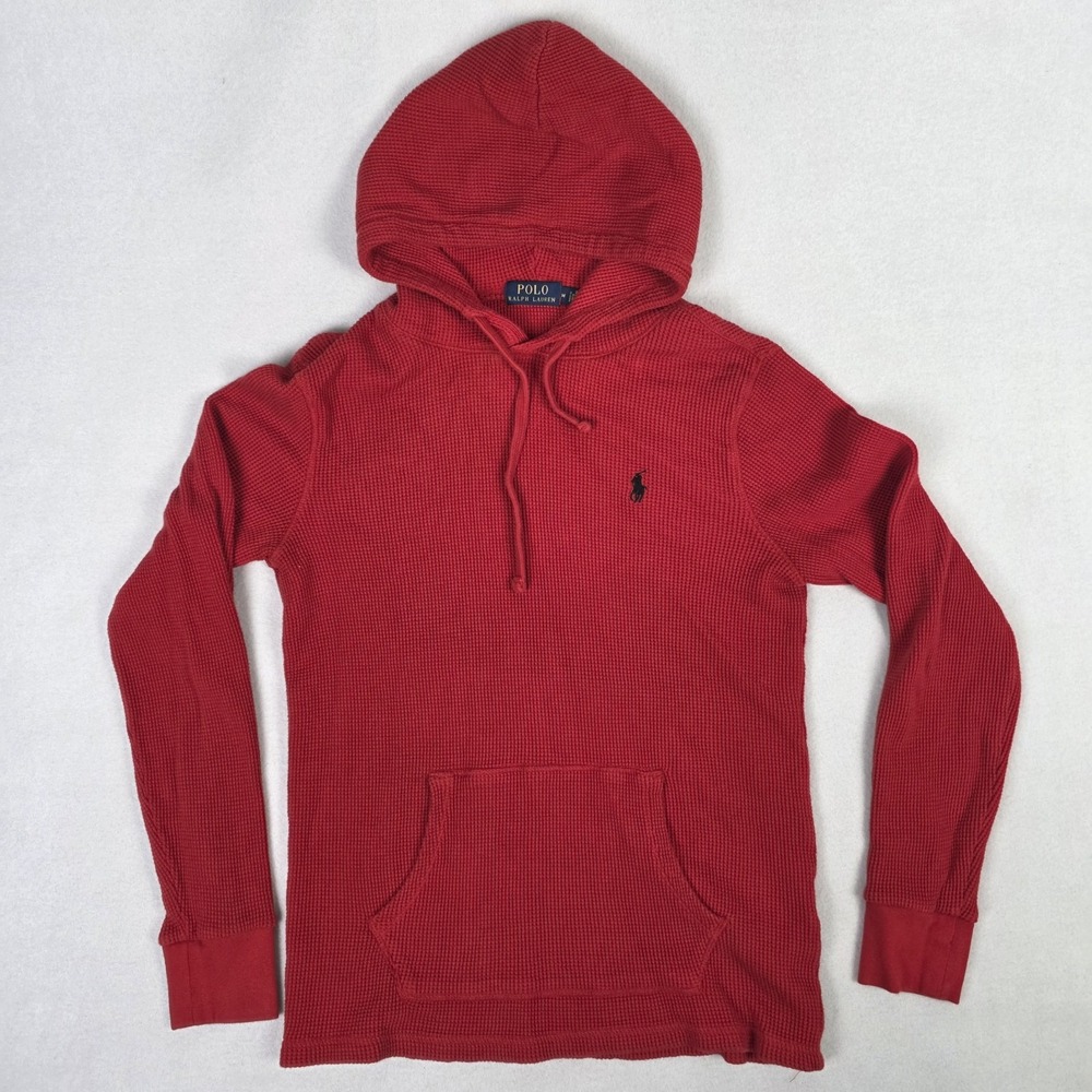 Polo Ralph Lauren Hoodie Mens Medium Red Waffle Knit Thermal Pullover Skate Prep